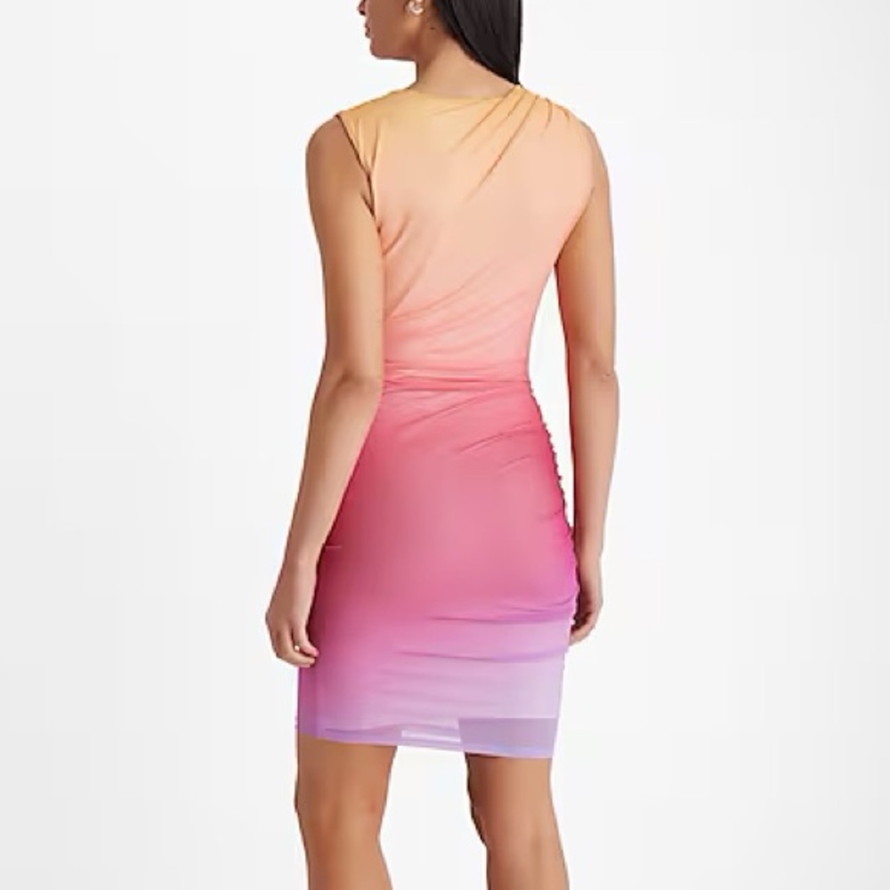 Express Ombré Mesh High Neck Sleeveless Ruched Sheath Dress - Picture 11 of 11
